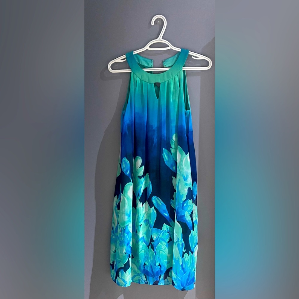 blue shear floral print A symmetrical dress.Clasp in the back.Green underlining.